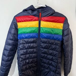 Primary Kids Navy Multicolor Stripe Puffer Jacket